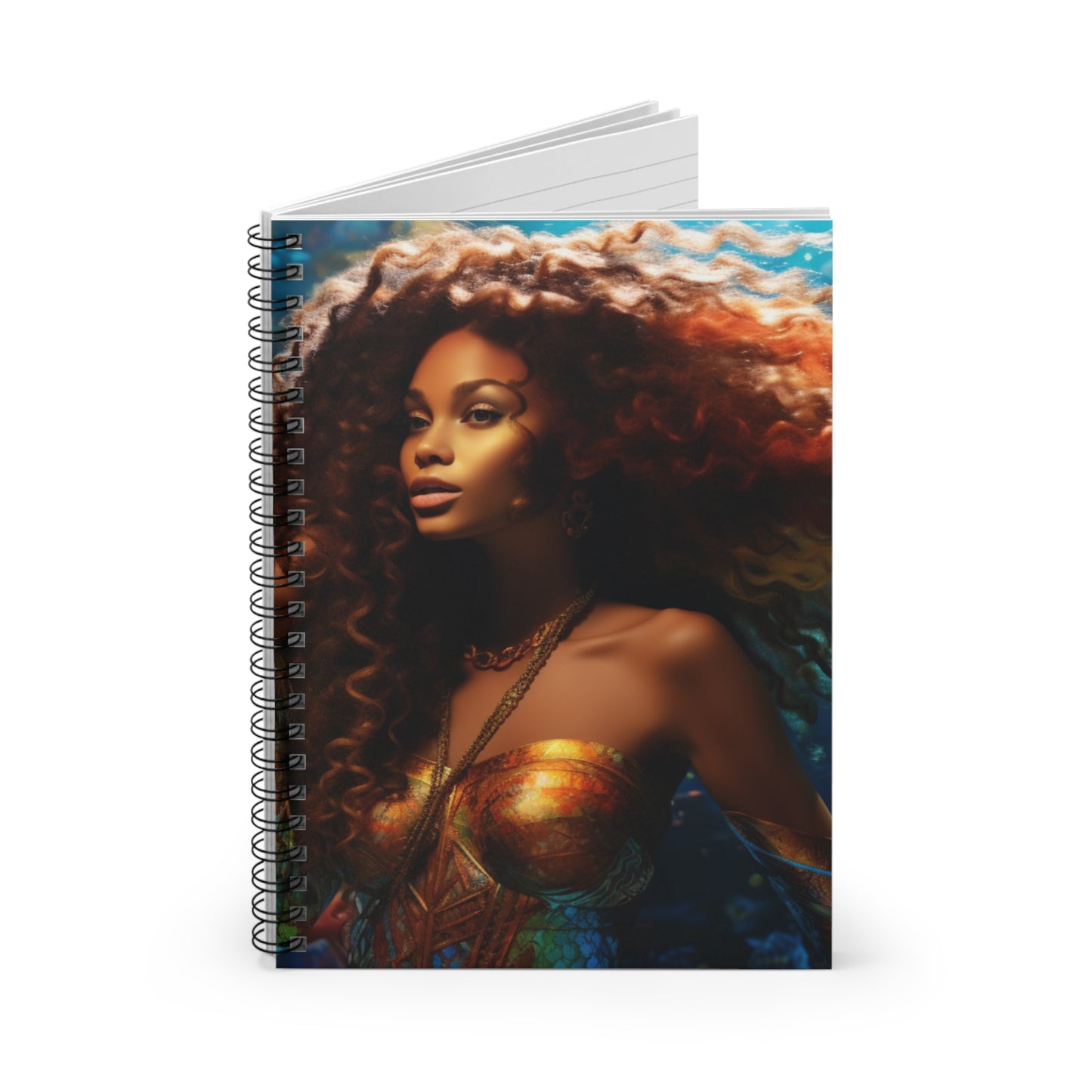 Dazzling African-American Mermaid Underwater Seascape Spiral Notebook - Iridescent Watercolor Artwork (4 of 4) | Ruled Line